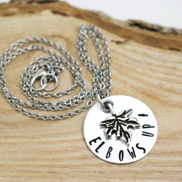 Elbows Up! Maple Leaf Hand Stamped Pendant Necklace - Handmade & Hypoallergenic - Picture 4 of 11